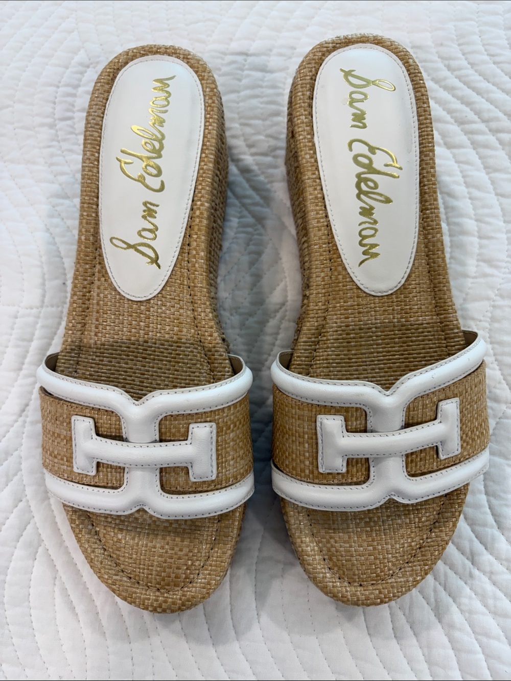 Sam Edelman Tan Woven Raffia Wedge Slides with White Trim - Picture 2 of 7